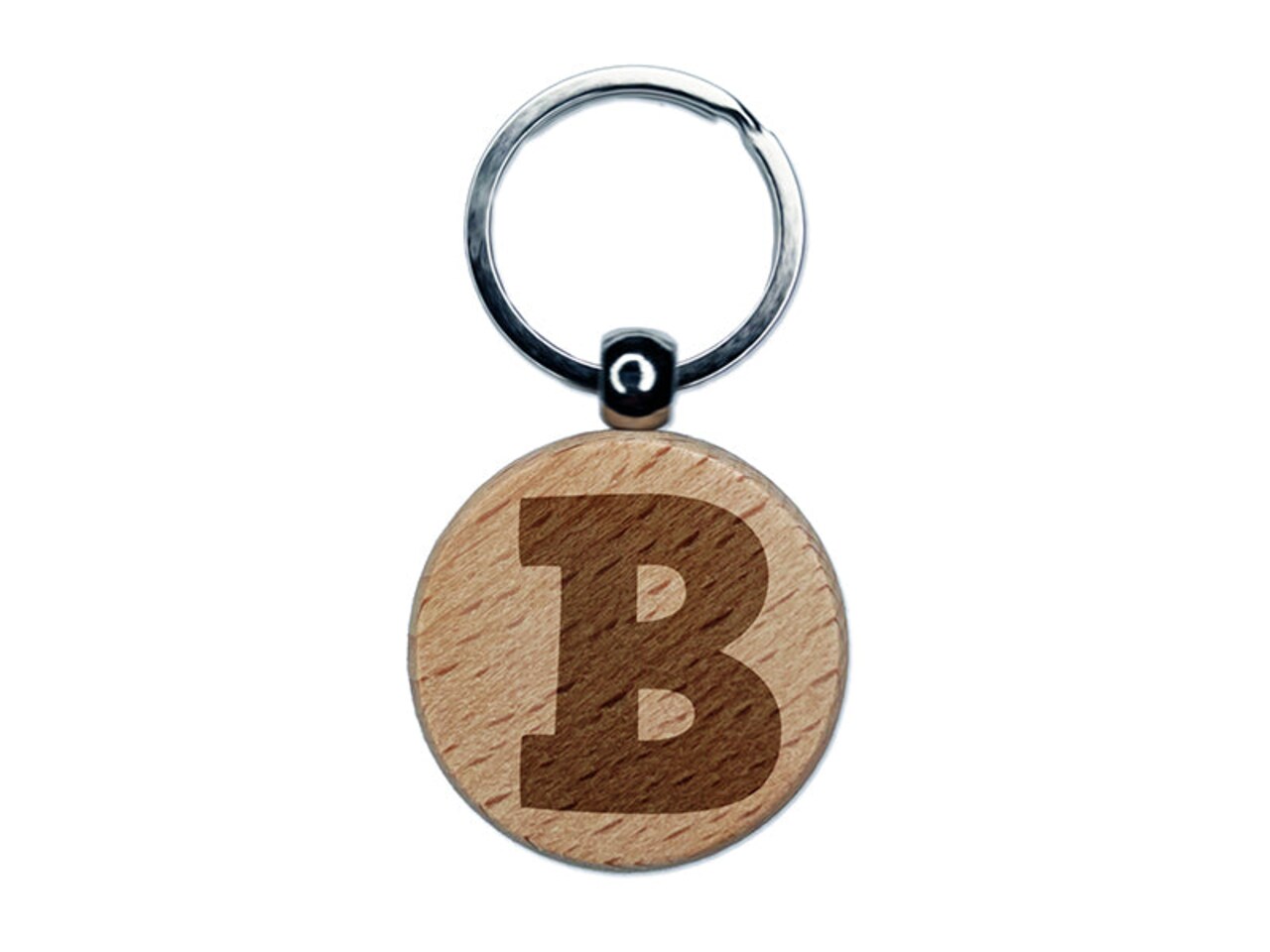 Letter B Uppercase Fun Bold Font Engraved Wood Round Keychain Tag Charm